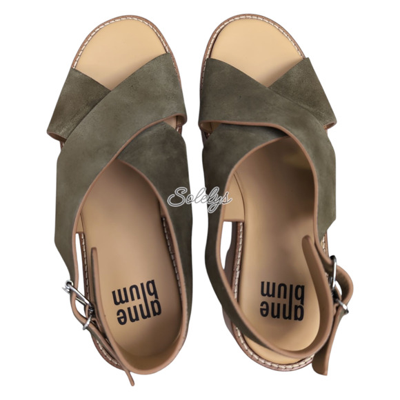 Anne Blum Sofia US 11 EU 42 Wooden Platform Suede Cross Strap Sandal Olive Green - Picture 11 of 11